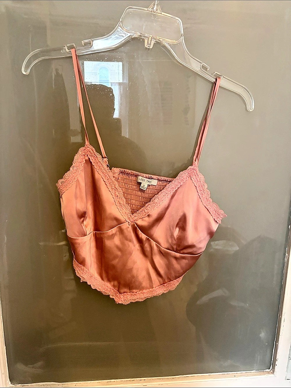 Love Tree Satin Lace Trim Crop Cami Top Pink
